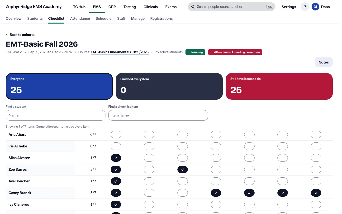 A skills checklist grid with one row per student.