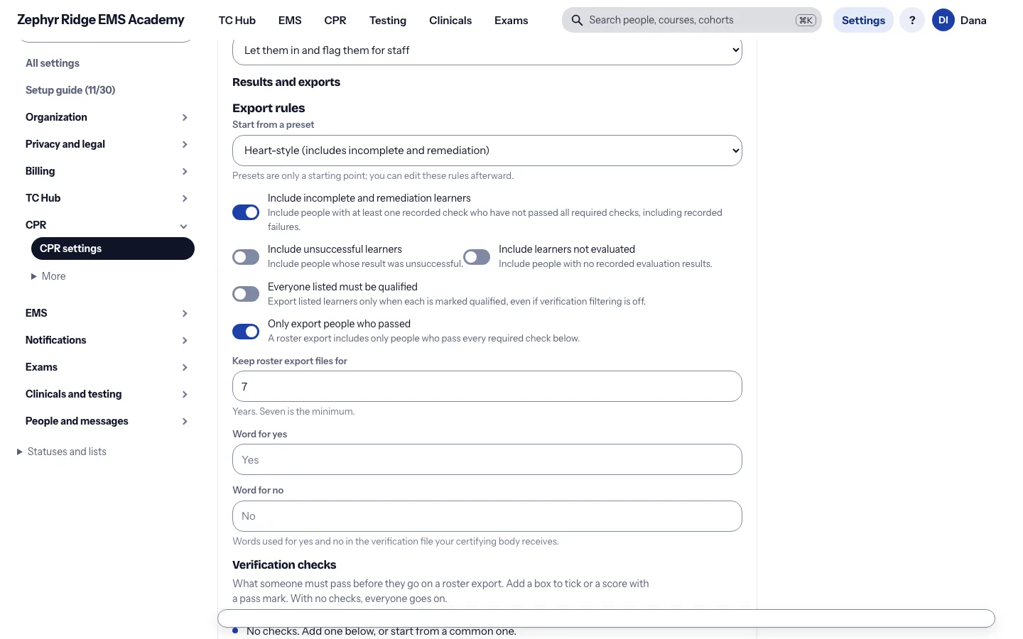 The CPR settings screen with export rules and verification checks.