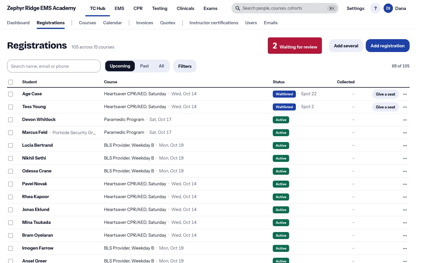 The registrations list with filters and bulk actions.
