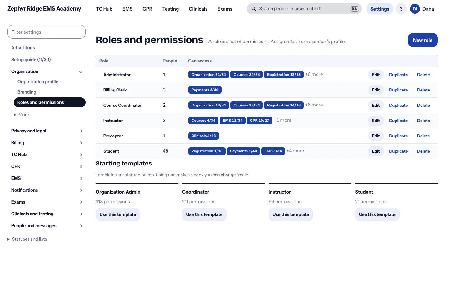 The roles and permissions screen with starting templates.