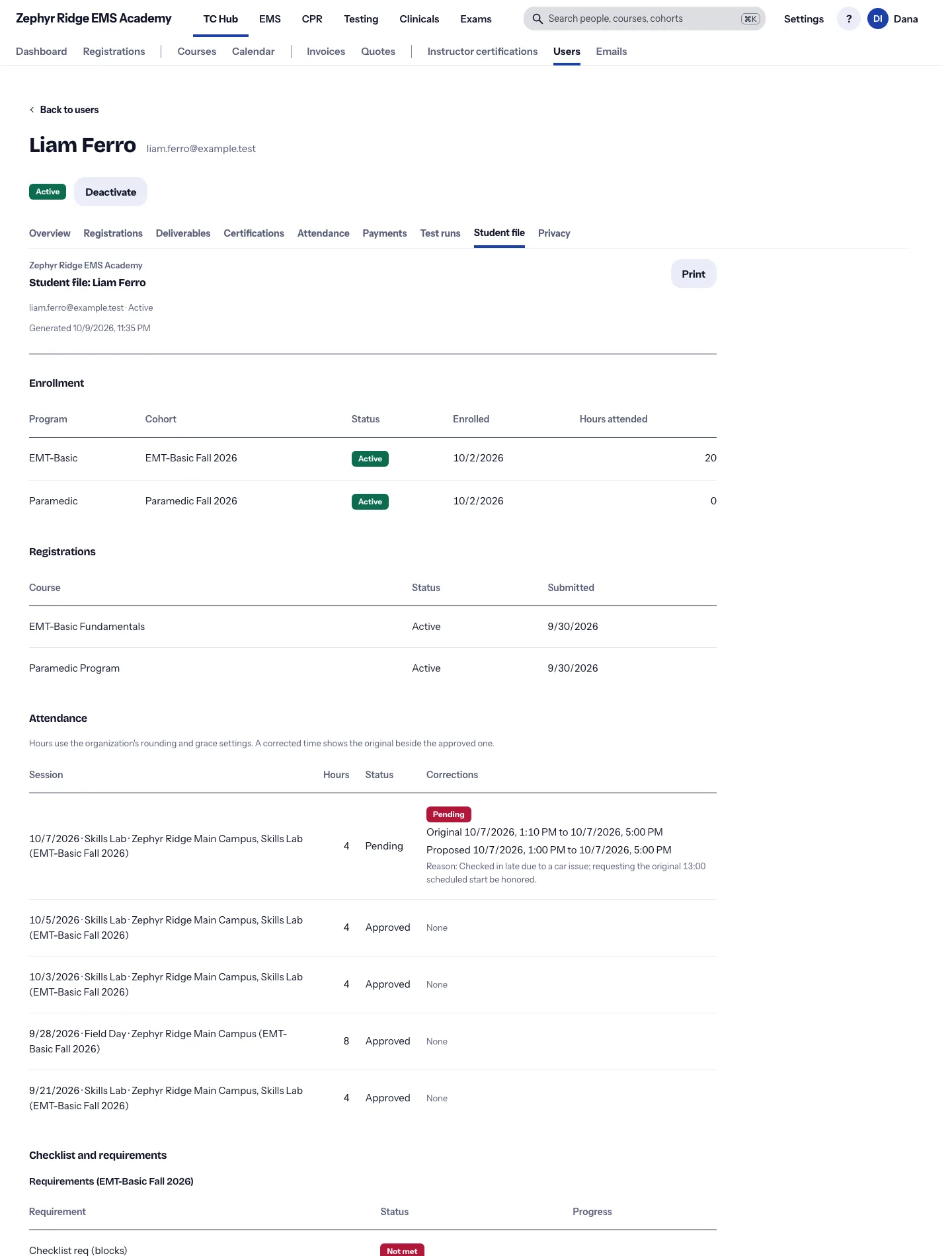 A student file with enrollment, registrations, attendance corrections and checklist progress.